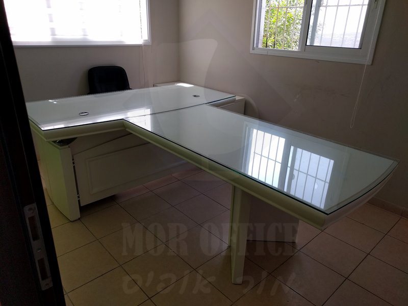 שולחן מנהל מפואר לבן עם זכוכית + טי לישיבות